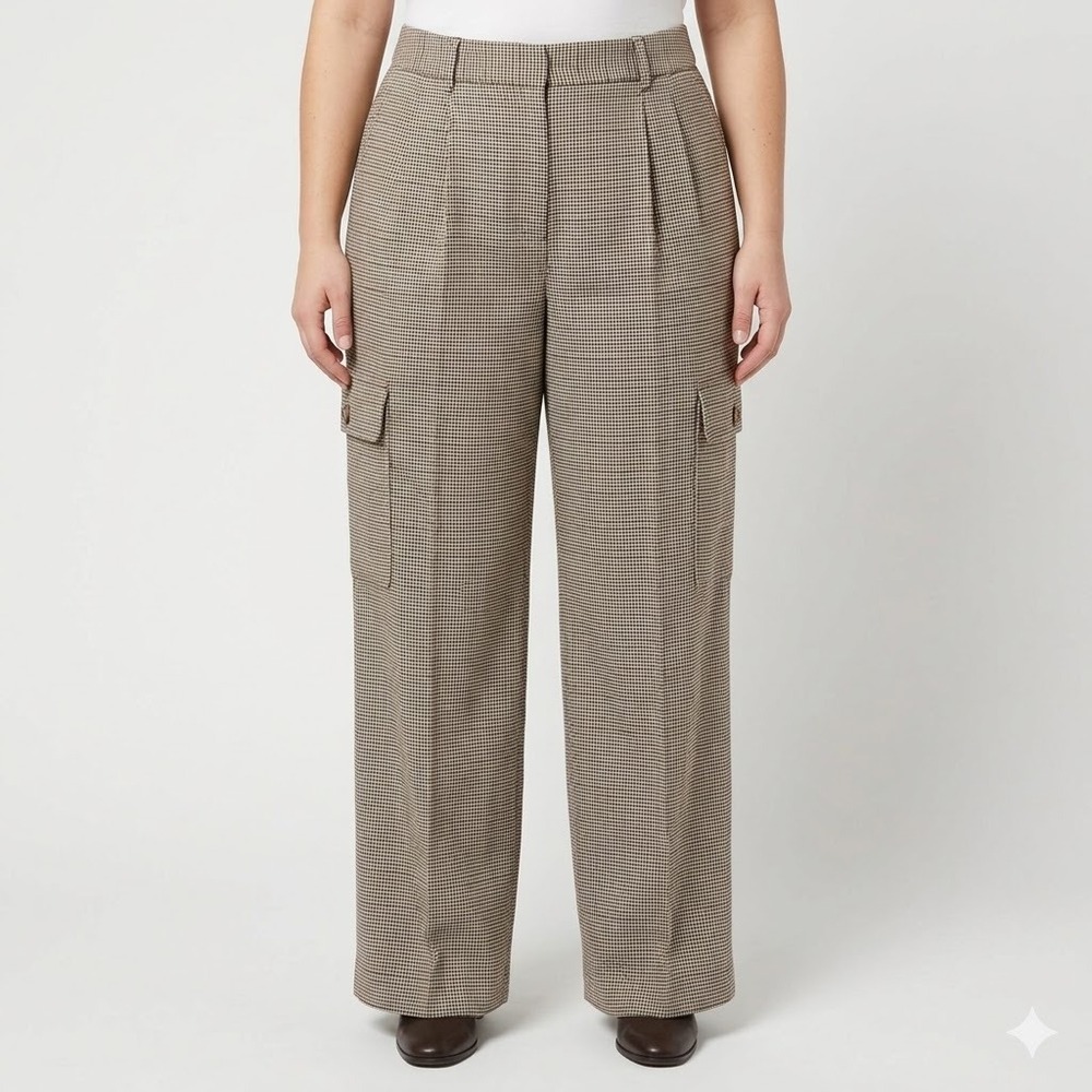 Tommy‎ Hilfiger High-Rise Wide-Leg Plaid Cargo Pants Women's 12 Brown Wool Blend